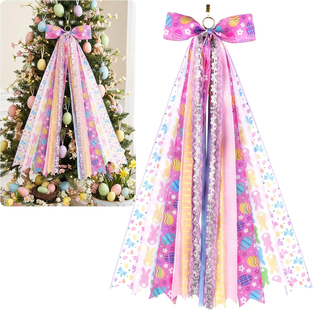 YKW Easter Bow Door Decoration - 27.5" Purple Lavender Floral Wreath with 8 Ribbons | Ready to Hang