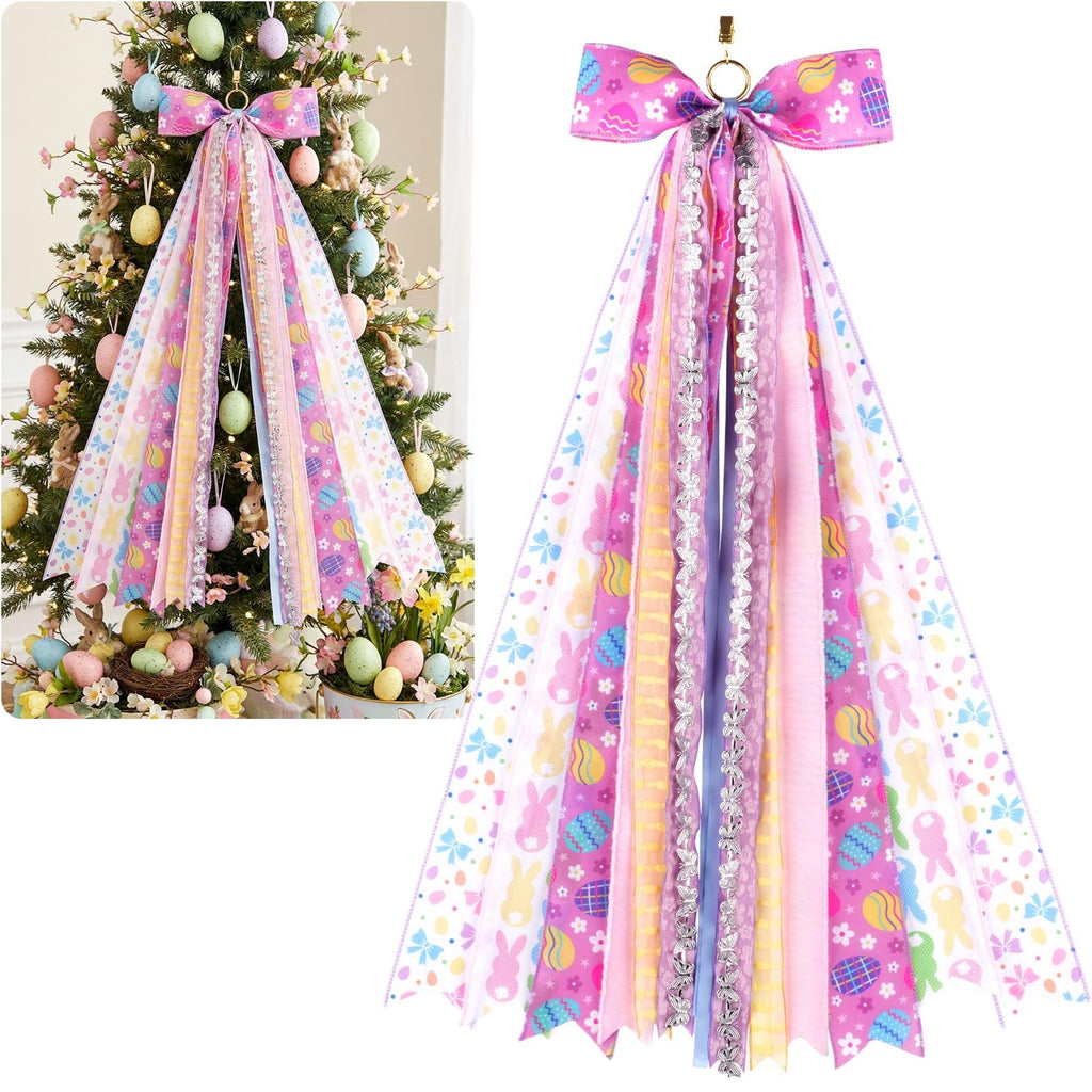 YKW Easter Bow for Door with 8 Ribbons, 27.5" Spring Wreath Sash Purple Lavender Floral, Ready to Hang Front Door Decoration Metal Clip, Home Farmhouse Party Decor