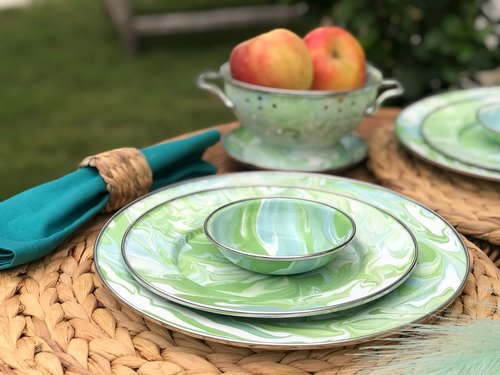 Golden Rabbit Enamelware Chargers, 12.5 inch, Modern Monet, Set of 2