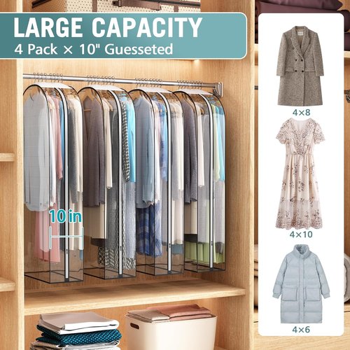 Liuoud Clear Garment Bag - 50” Suit Bags with 10” Gusset for Closet Storage | 4 Pack Plastic Covers