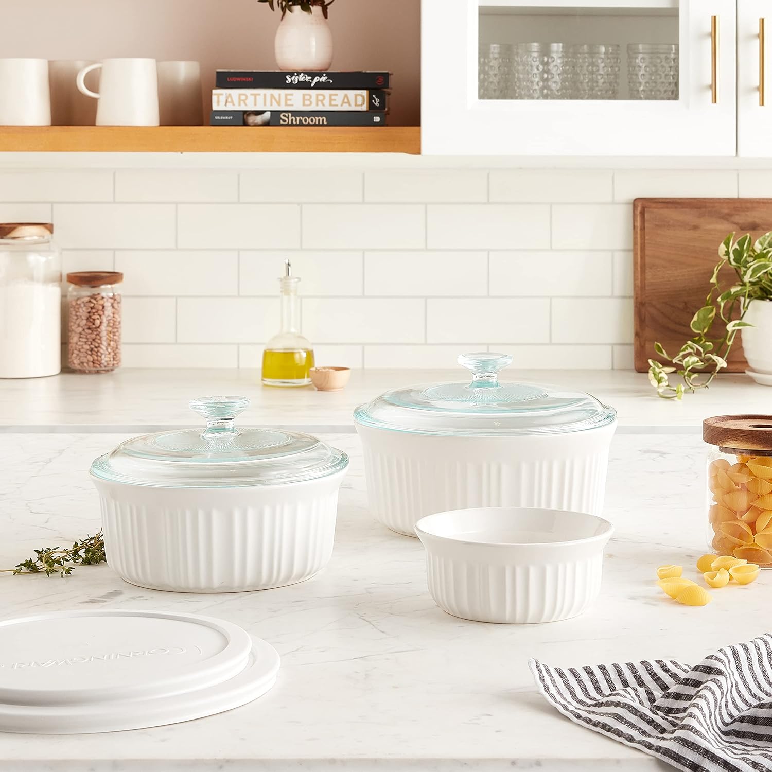 CorningWare French White 7-Pc Ceramic Bakeware Set - Chip & Crack Resistant, Microwave & Oven Safe