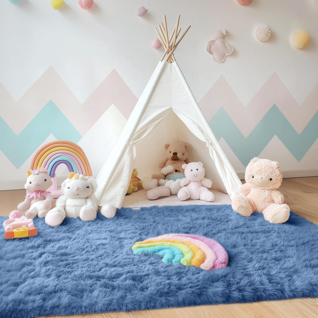 OLANLY Area Rug - Soft Fluffy Shaggy Design | Machine Washable 4x5.9 ft - Perfect for Living Room & Nursery Decor, Blue