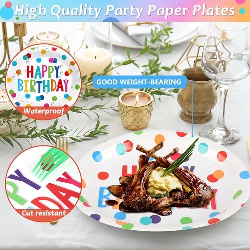 50 PCS Happy Birthday Oval Paper Plates - 11inch Large Colorful Dots Design Platters, Heavy Duty Dish Tray for Party Decorations, Gathering, Picnic Tableware Supplies