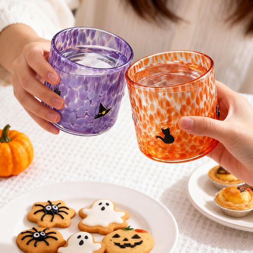 Kimburg 4 Pcs Halloween Icon Glass Cups, 16 oz Ghost, Bat, Wizard Hat, Cat Icon Juice Drinking Fall Glasses, Cute Glass Water Cups Coffee Tumblers Wine Glassware for Thanksgiving Birthday Party Gift