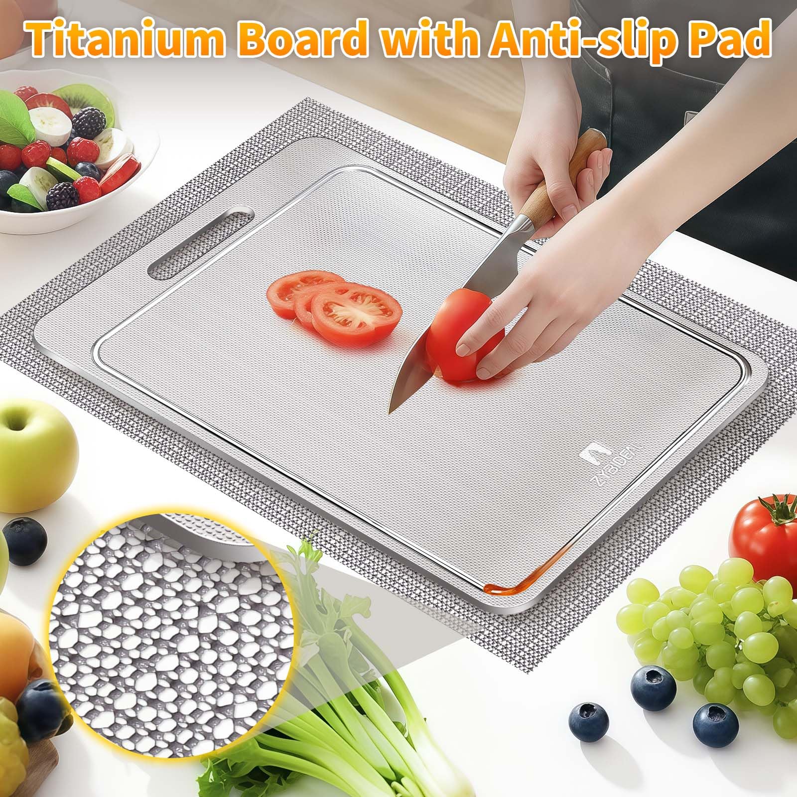 100% Pure Titanium Cutting Board with Groove, Scratch Resistant Chopping Board with Non-slip Pad for Kitchen, Titanium Cutting Boards for Vegetables and Meat, Dishwasher safe
