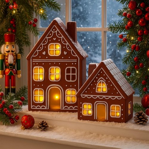 Funnymoom Lighted Ceramic Gingerbread Houses - Pre-Lit Christmas Tabletop Decor | 2 Sets for Holiday Cheer