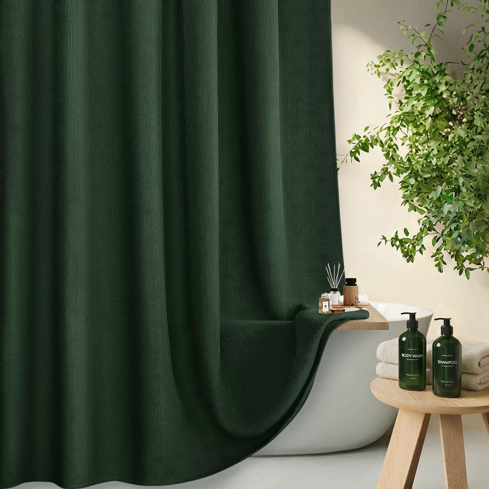NDDYCU Dark Green Shower Curtain Boho Cotton Texture Mid Century Minimalist Arch Shower Curtain for Bathroom,72" W X 72" L