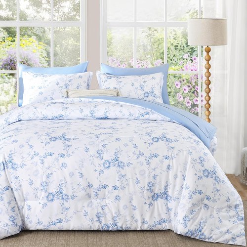 Luxudecor Floral Queen Comforter Set 7 Pieces Bed in a Bag, Blue Rose Romantic Flower Bed Set, Soft Reversible Comforter with Sheet Set 90"x90"