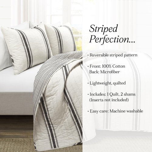 Lush Decor Farmhouse Stripe Reversible Cotton Quilt King Size 3 Piece Set Black - Farmhouse Bedding Set King Quilt - Striped Bedding