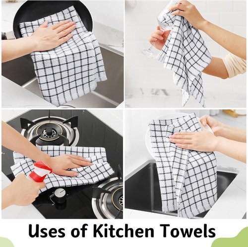 Homaxy Kitchen Towels - 100% Cotton, Super Soft & Absorbent, 6-Pack, 15 x 25 Inches, Black Check Design