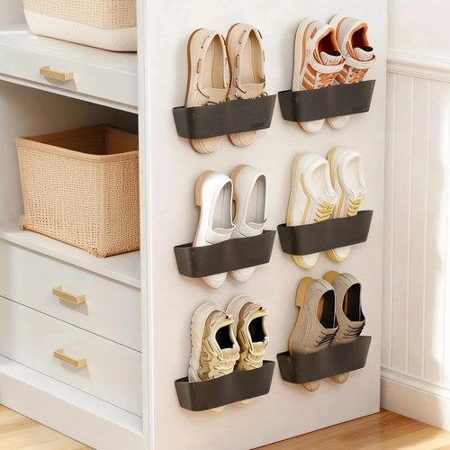 DegMongee 6-Pack Wall Mounted Shoe Rack with Sticky Strips, Space Saving Hanging Shoe Rack, No-Drill Hanging Shoe Shelves, Ideal for RV, Campers, Door, Closet