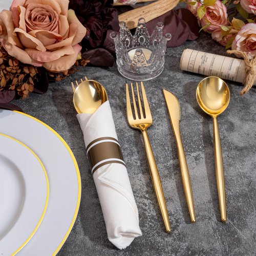 SUT 50 Pack Pre Rolled Silverware Set Disposable, 200pcs Gold Plastic Utensils Include 50 Forks, 50 Knives, 50 Spoons and 50 Napkins, Wrapped Plastic Cutlery Set With Napkin for Wedding