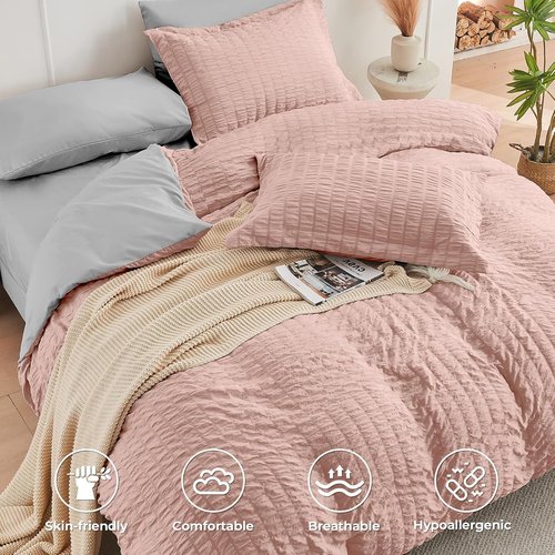 HYMOKEGE Twin XL Comforter Set - Rose Gold & Light Grey Seersucker | 5-Piece All-Season Luxury Bedding Set