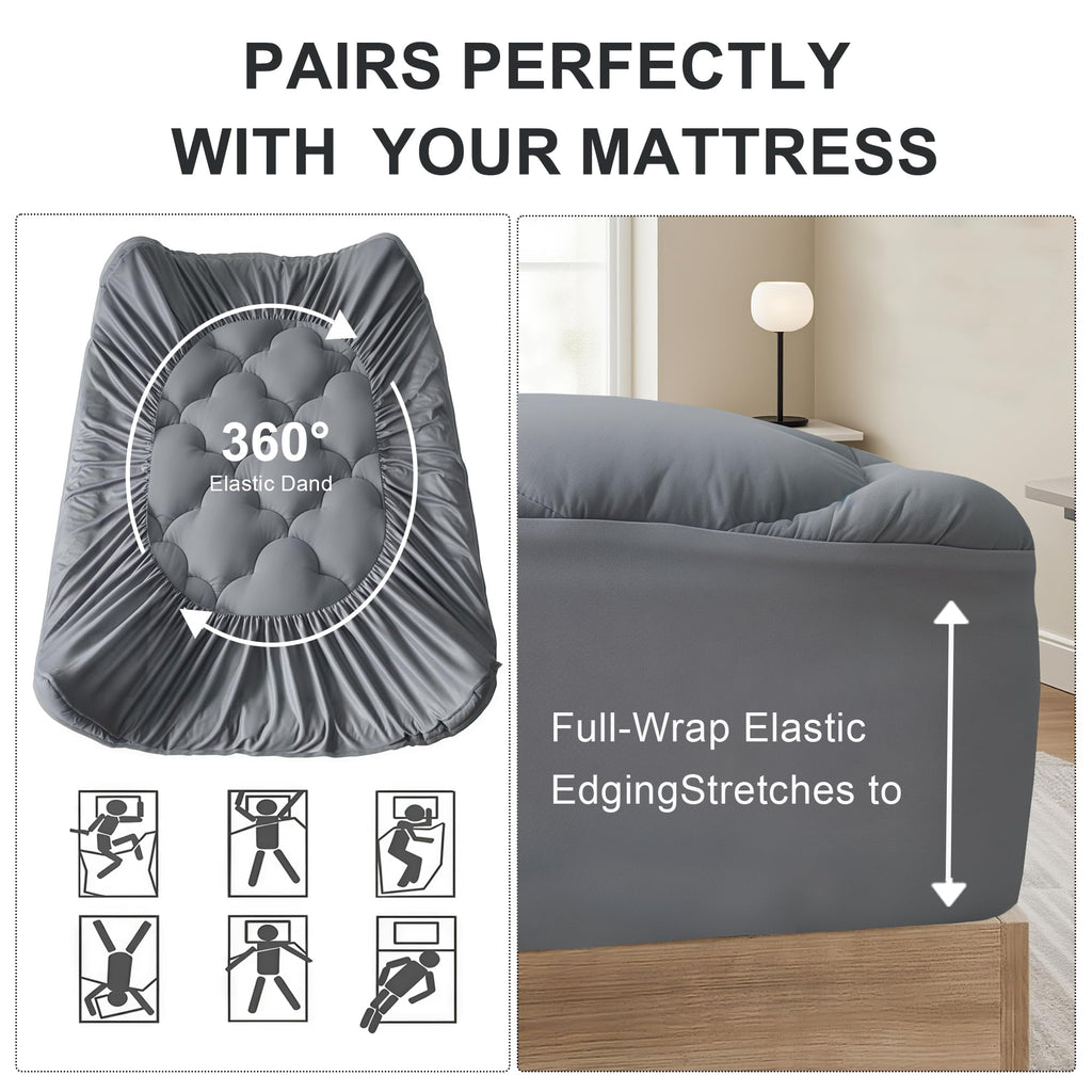 WQSPRING Mattress Pad Queen Size, Plush Pillow Top Mattress Topper & Waterproof Protector, Cooling Fitted Cover (8-21”), Noiseless, Breathable