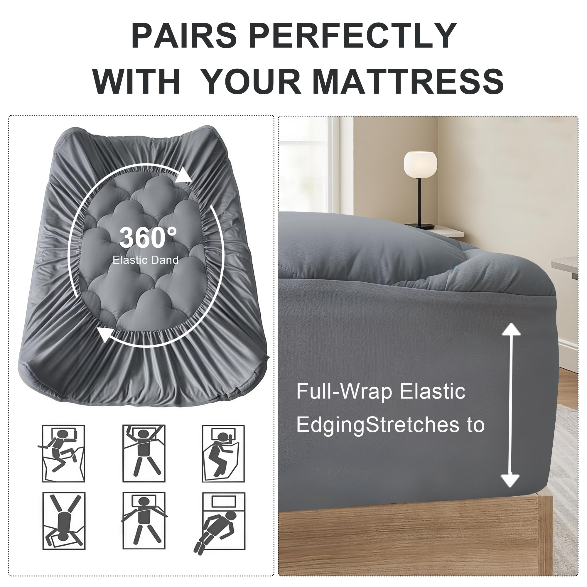 WQSPRING Mattress Pad Queen Size, Plush Pillow Top Mattress Topper & Waterproof Protector, Cooling Fitted Cover (8-21”), Noiseless, Breathable