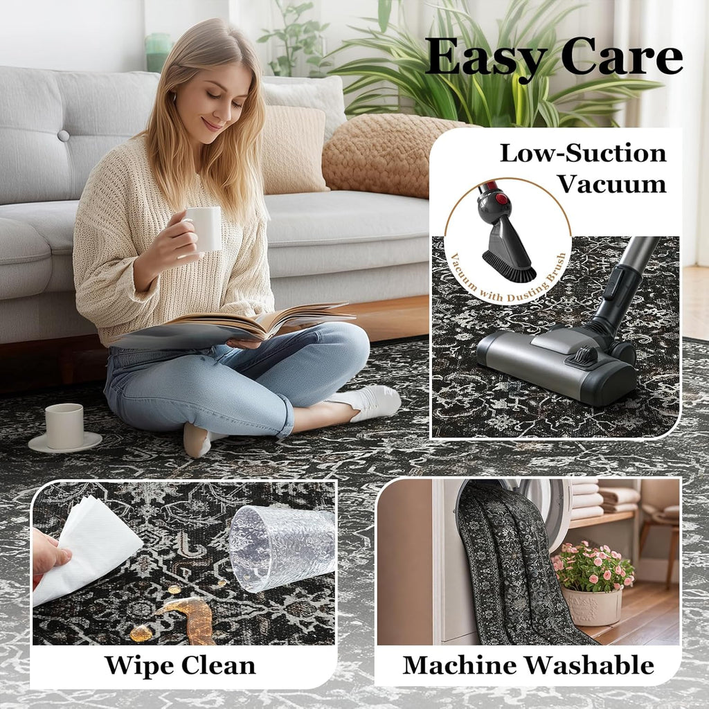 Skiennix Dark 5x7 Area Rug - Washable Non-Slip Soft Carpet for Living Room & Bedroom | Vintage Earth Tones