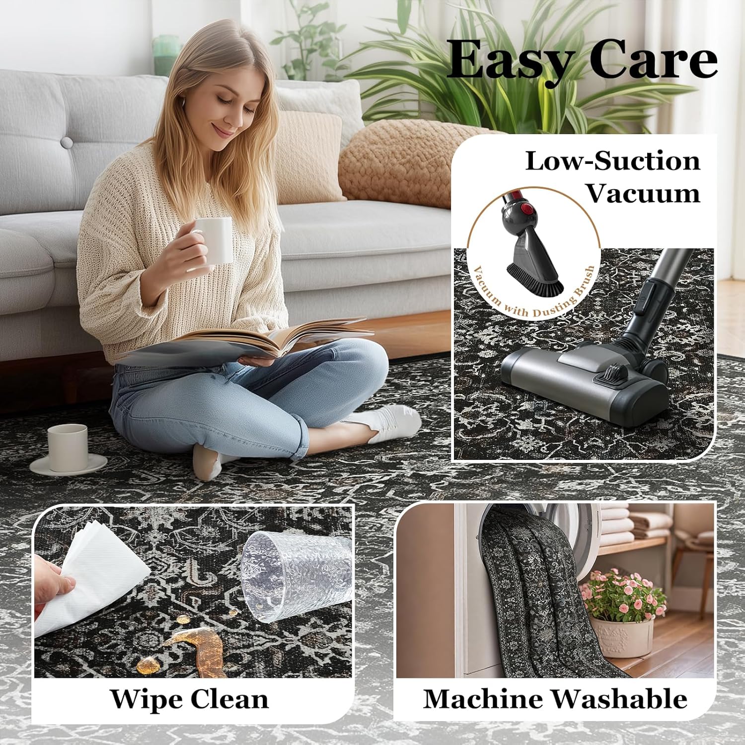 Skiennix Dark 5x7 Area Rug - Washable Non-Slip Soft Carpet for Living Room & Bedroom | Vintage Earth Tones