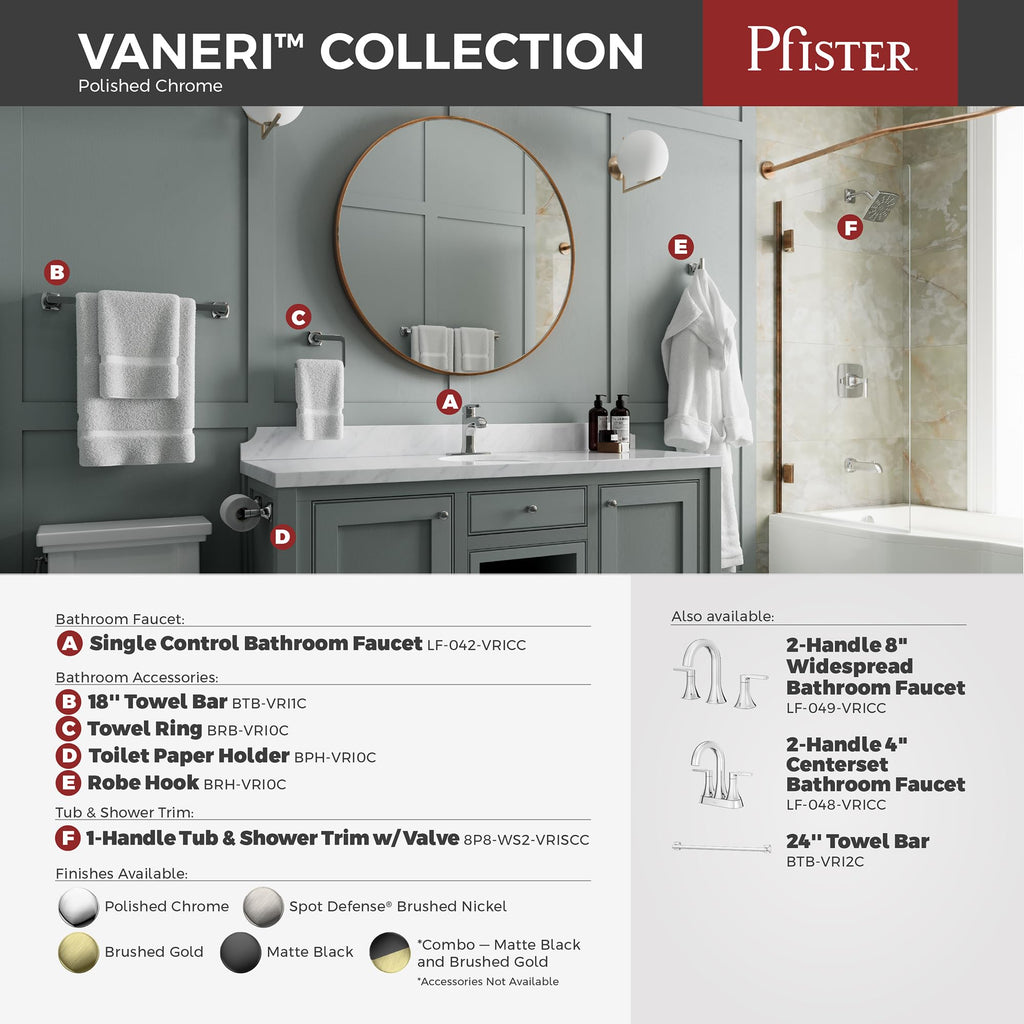 Pfister Vaneri Towel Ring, Hand Towel Holder for Bathroom, Wall-Mounted, Screw-in, Polished Chrome Finish, BRBVRI0C