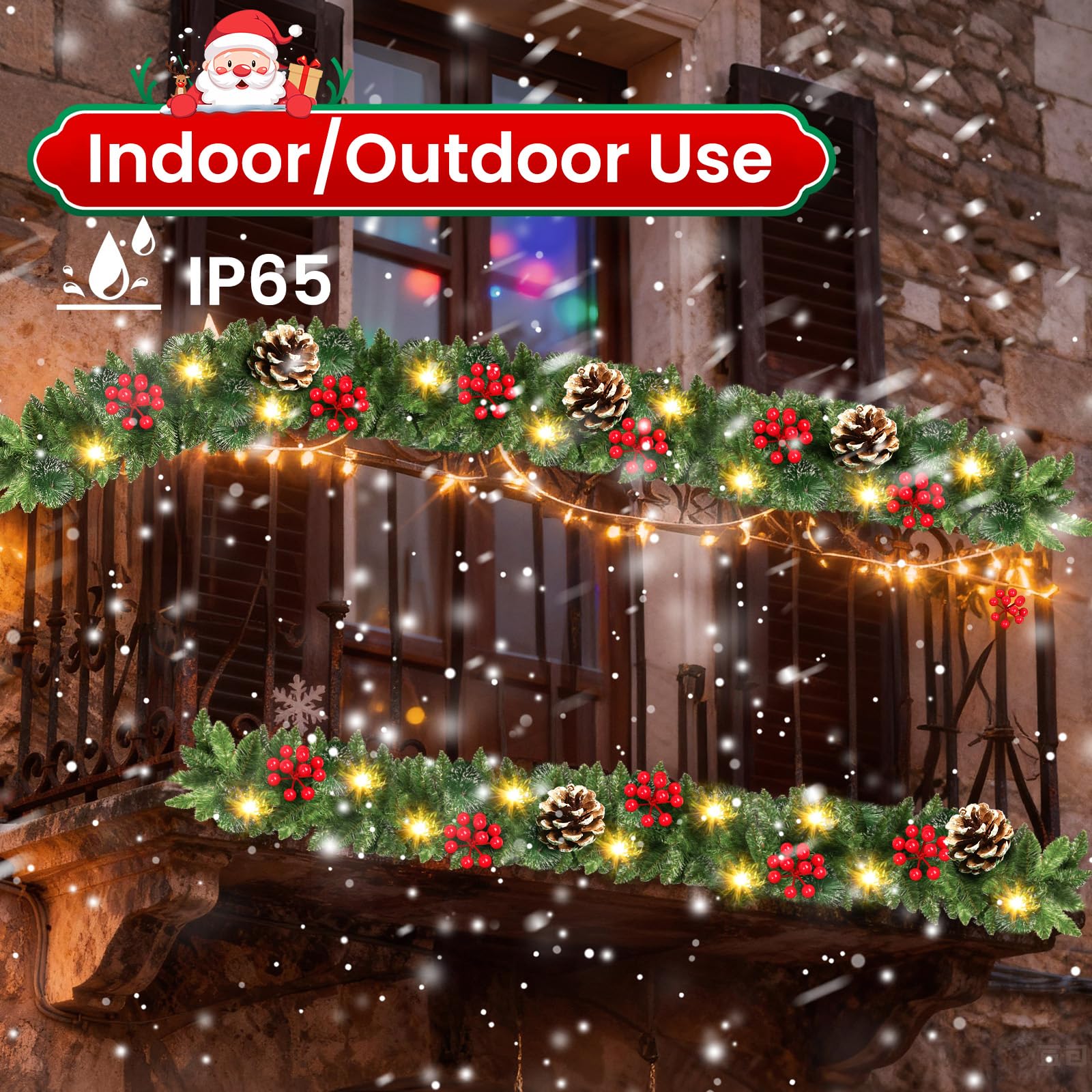 Christmas Garland, JTSIOV 9ft Artificial Christmas Tree Garland with 9ft Lights, Pine Cones, Red Berries, Branch Tips, Waterproof Christmas Decoration for Stairs, Fireplace, Door, Xmas Trees, Garden