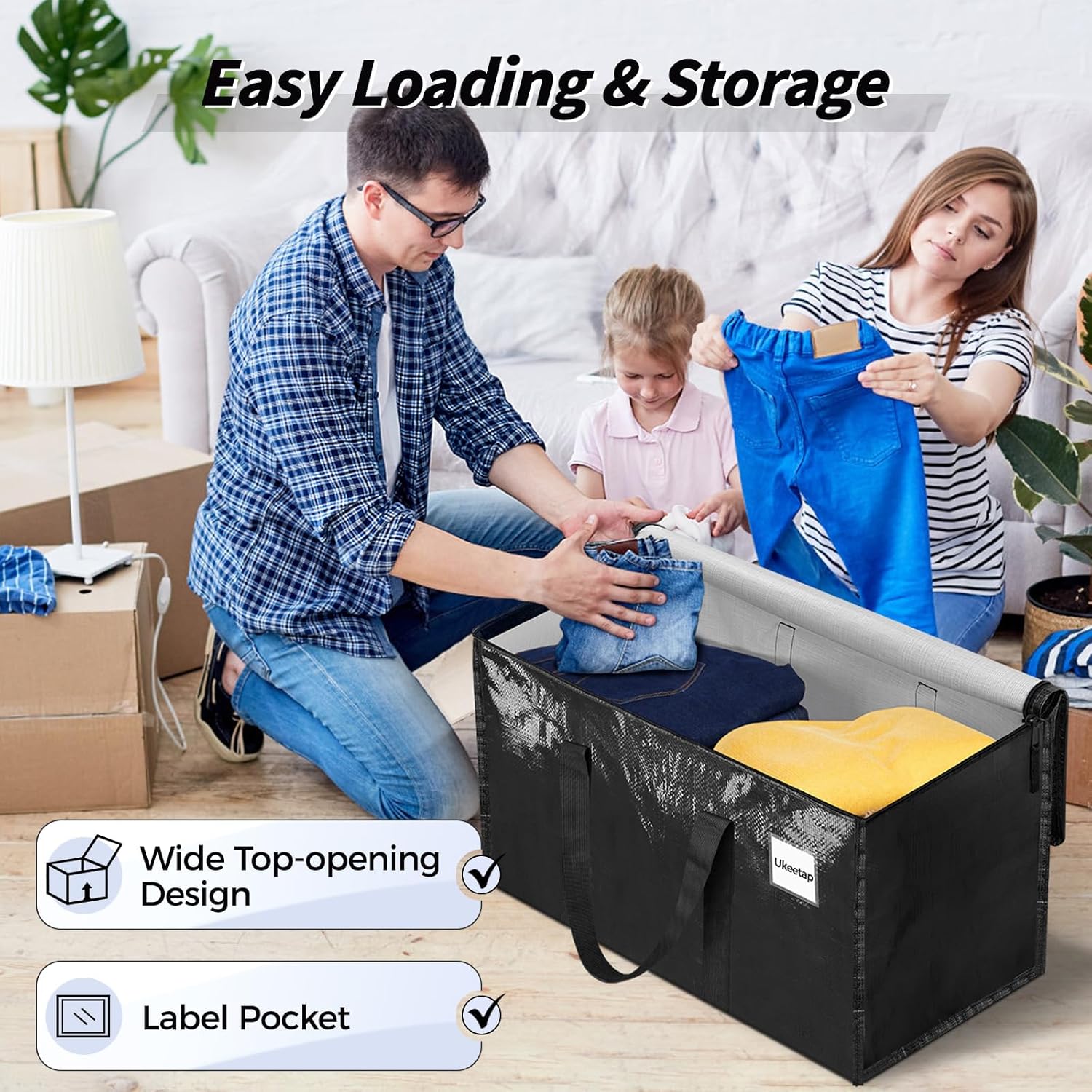 Skiennix Extra Large Heavy-Duty Moving Bags - 8 Pack Black Storage Totes with Lids & Reinforced Handles