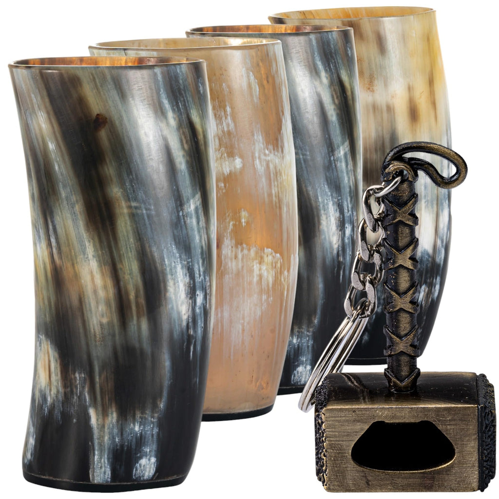 FENRIR Viking Drinking Horn Mug Set of 4 – Gifts for Men, Dad, Husband – Unique Viking Gift – Natural Ox Horn Cup with Opener – For Beer, Ale, Mead (12-13 Oz/Glass)