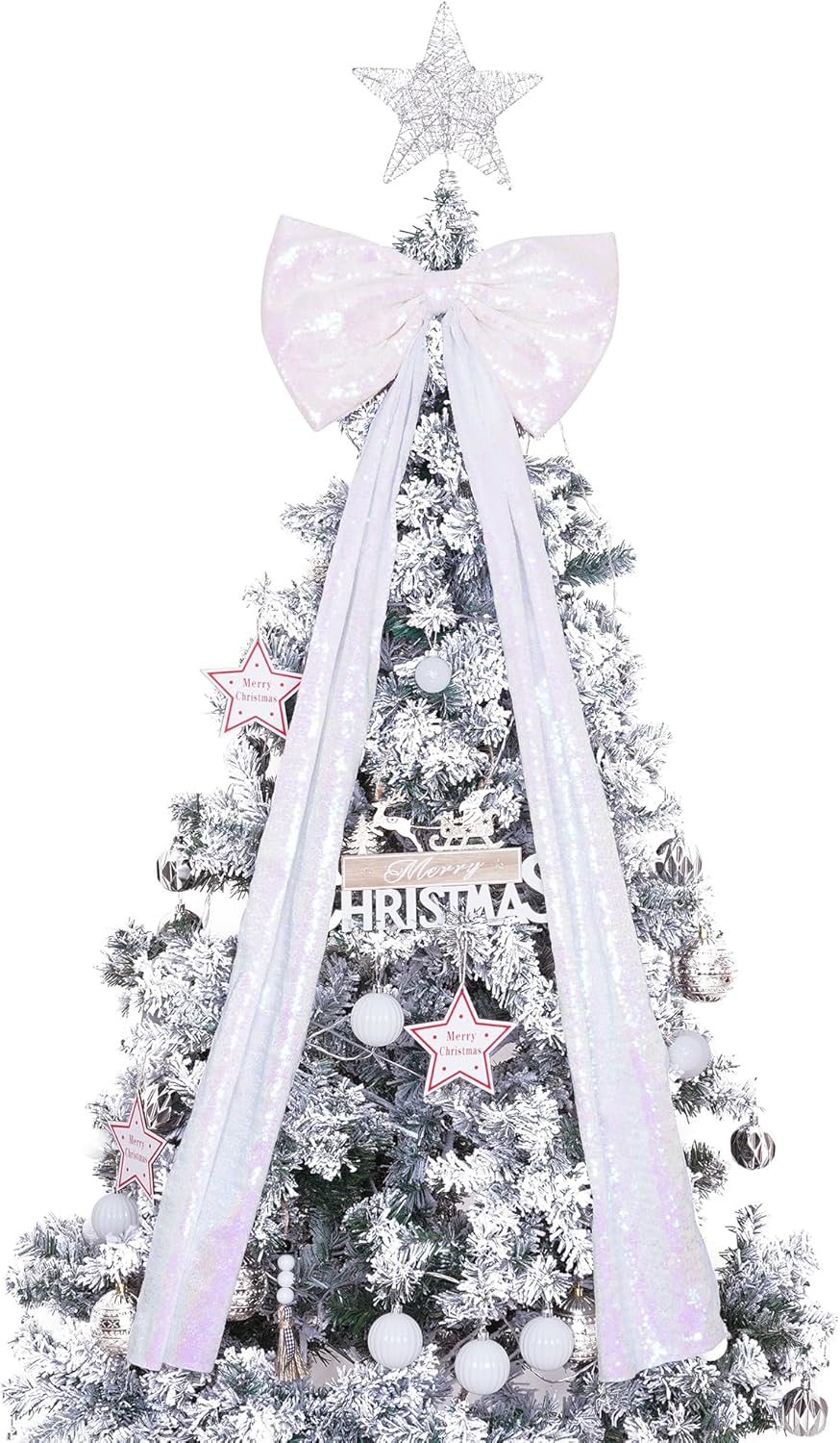 PartyDelight Large Bow Decorations - Big White Iridescent Sequin Ribbon Tie | 16x47 Inches for Christmas & Birthday Decor