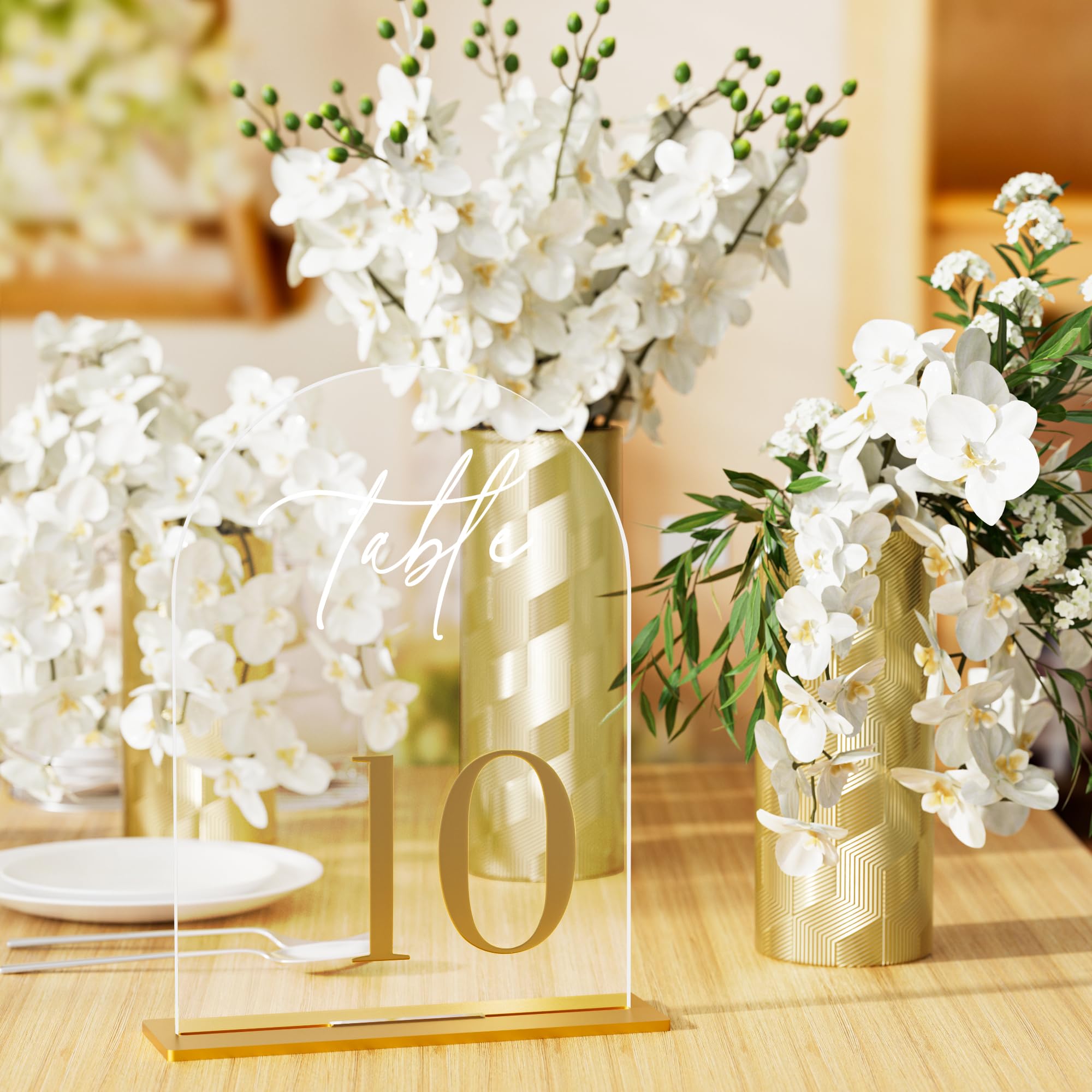 iFaveorr Arch Wedding Table Numbers 1-10 with Stands, Elegant Gold Number 5.5 x 7” Arch Acrylic Signs with Holders, Clear Acrylic Table Numbers for Wedding Reception, Anniversary, Party, Events