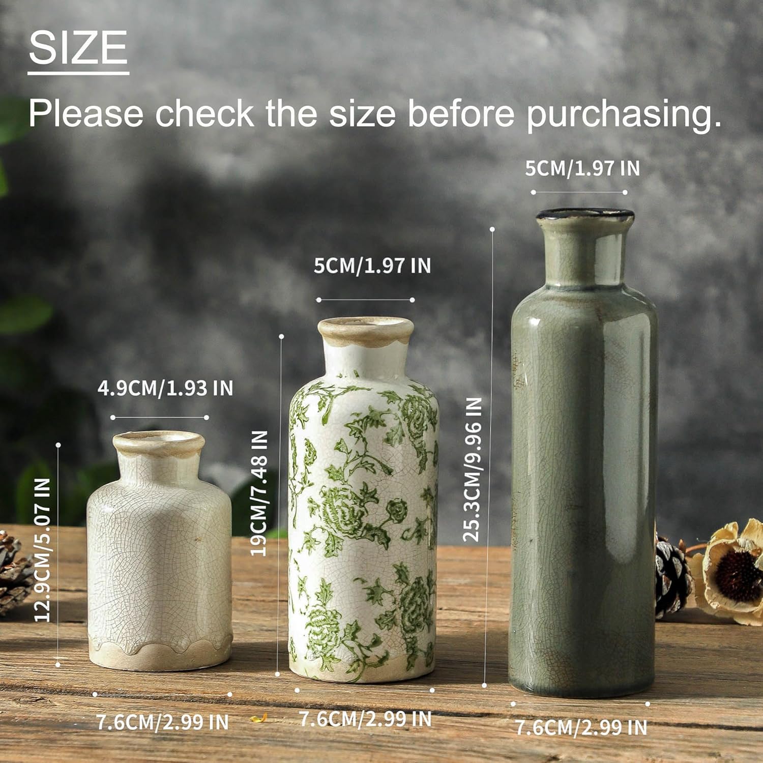 Skiennix Vintage Vase Set of 3 - Ceramic Chinoiserie Flower Vases for Rustic Home Decor | Green & Beige
