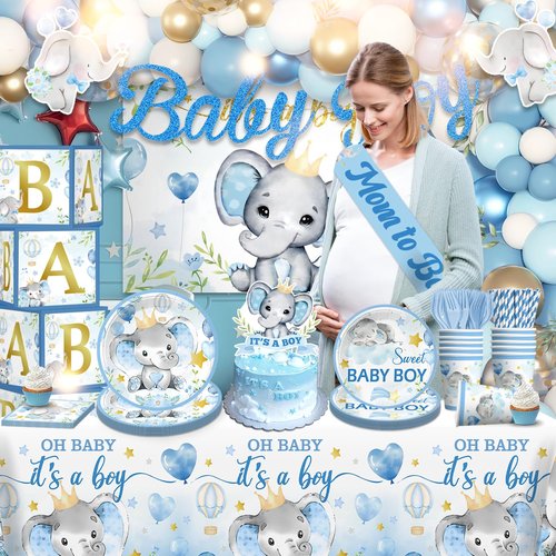 cocomigo 260PCS Elephant Baby Shower Decorations, All-in-1 Party Pack, Includes 20 Elephant Theme Tableware, Backdrop Tablecloth Balloon Kit for Baby Shower Decorations Boy