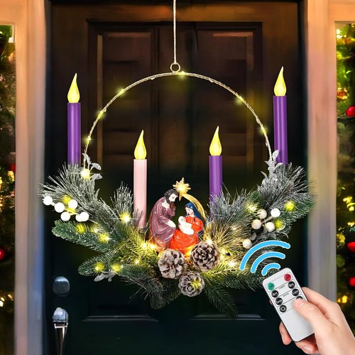 Chunful 20-Inch Christmas Advent Wreath - Flameless LED Candles & Nativity Scene Figurine