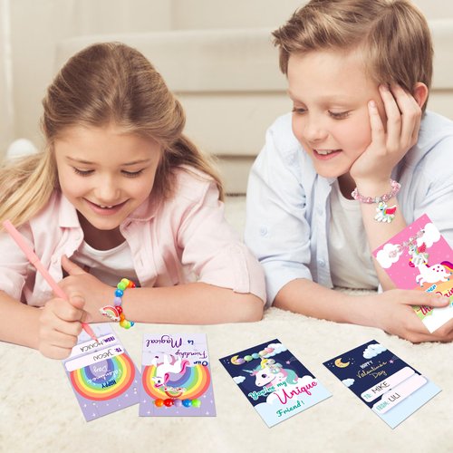 kortes Unicorn Valentines Day Cards for Kids Classroom, 24 Pack Valentines Gift Cards with Bead Bracelets, Valentine's Party Favors Toys for Girls and Valentine School Exchange Gifts Greeting Cards
