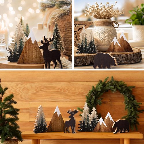 DoubleFill Wooden Forest Animals Decor - 10 Pcs Rustic Bear & Pine Tree Signs for Cabin & Home Office