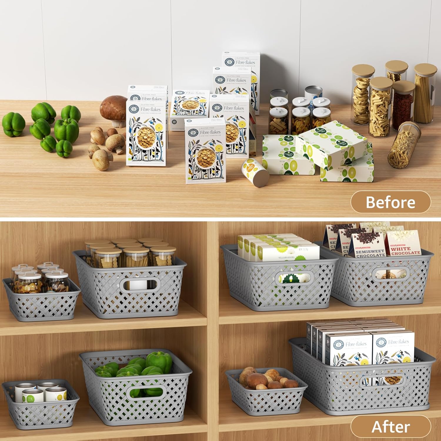 MaxGear Storage Bins - 3-Pack Plastic Organizer Baskets with Handles | Large Grey Woven Design for Home & Office