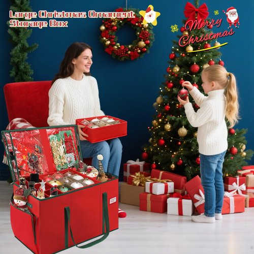 HKQ Large 2-in-1 Christmas Ornament Storage Box & Xmas Figurine Container,4 Separate Trays Keep 64-3"/ 36-4" Holiday Ornaments,Adjustable Extent Area for Figurines and Pockets for Decoration