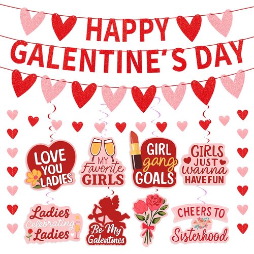 Galentines Day Party Decorations Kit - Happy Galentines Day Banner with Hanging Swirls and Heart Garland, Galentine’s Gang Decor, Party Supplies and Accessories for Girls Night and Photo Backdrop