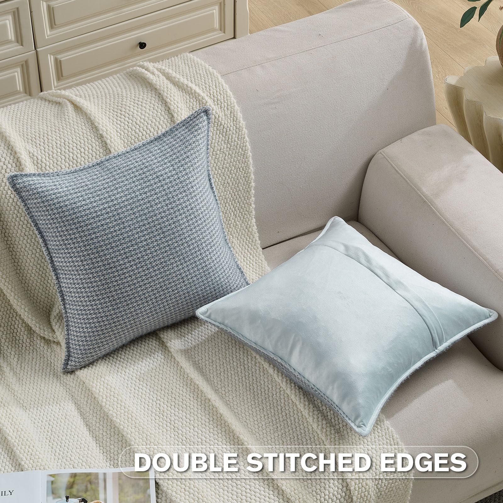 FUTEI Pack of 2 Houndstooth Throw Pillow Covers 18x18 Inch Soft Chenille Gingham Textured Farmhouse Decorative Cushion Case Modern Home Decor for Couch Bedroom Living Room, Grayish Blue