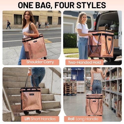 (Large) Fanwoli Reusable Grocery Bag on Wheels with Upgraded Wrinkle-Resistant Fabric | Enhanced Stability Wheels & Extended Handle | Foldable Shopping Trolley for Laundry, Carries Up to 66 L