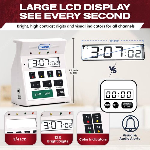 FMP Digital 4 Channel Commercial Kitchen Timer - Battery Operated Digital Countdown Timer for Kitchen, Cooking, Restaurant, Classroom – Water Resistant - 7-Inch, White - 151-7500 by FryOilSaver Co