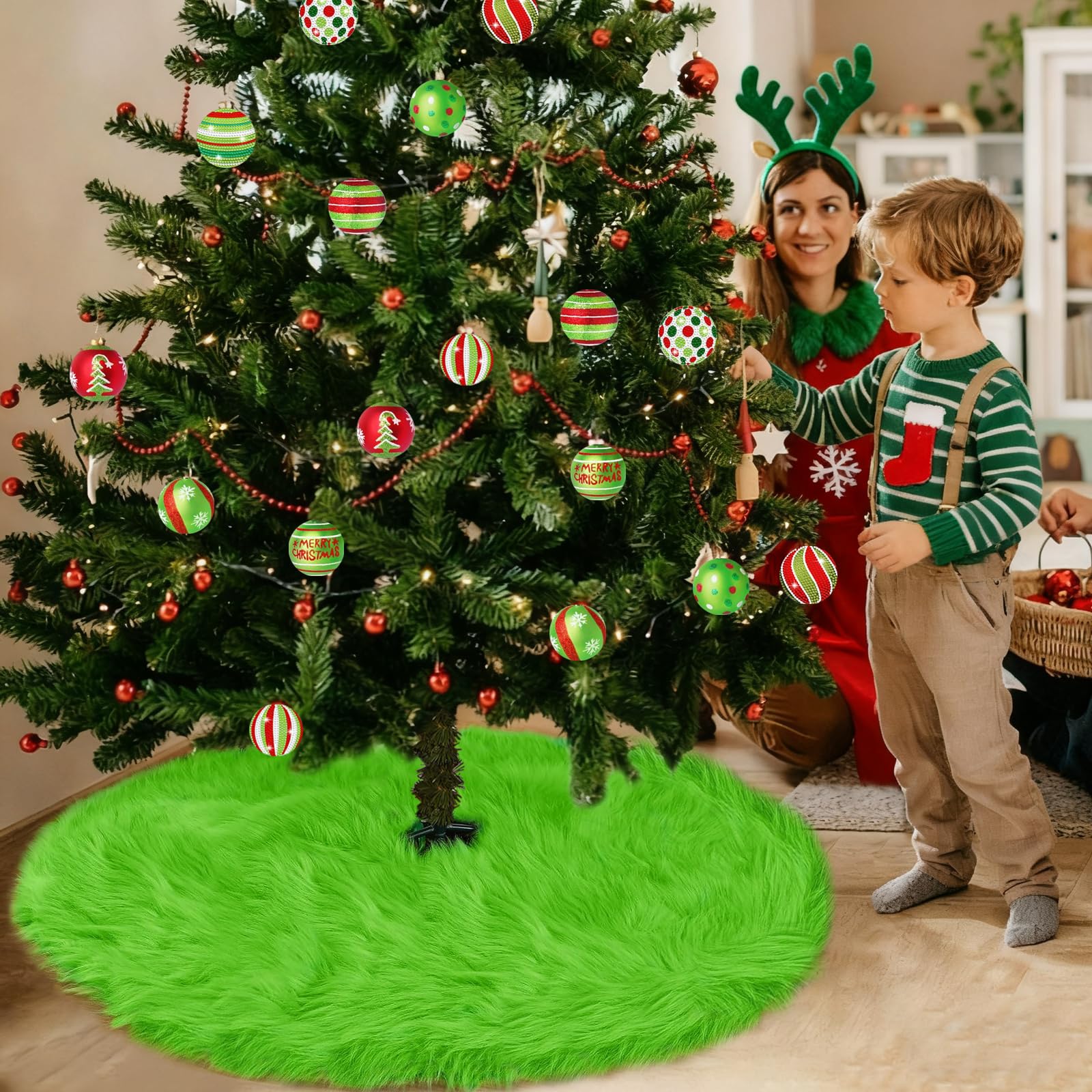yuboo Spring Green Tree Skirt 48 inch, Large Fluffy Faux Fur Tree Skirt Decorations Ornaments for Artificial Trees 6-7.5 Ft, Furry Tree Rug Home Decor