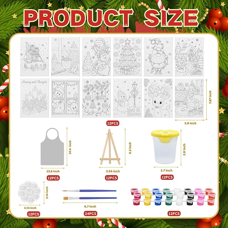 Christmas Pre-Drawn Canvas Sip & Paint Kit – 84 Pieces (12 Patterns)
