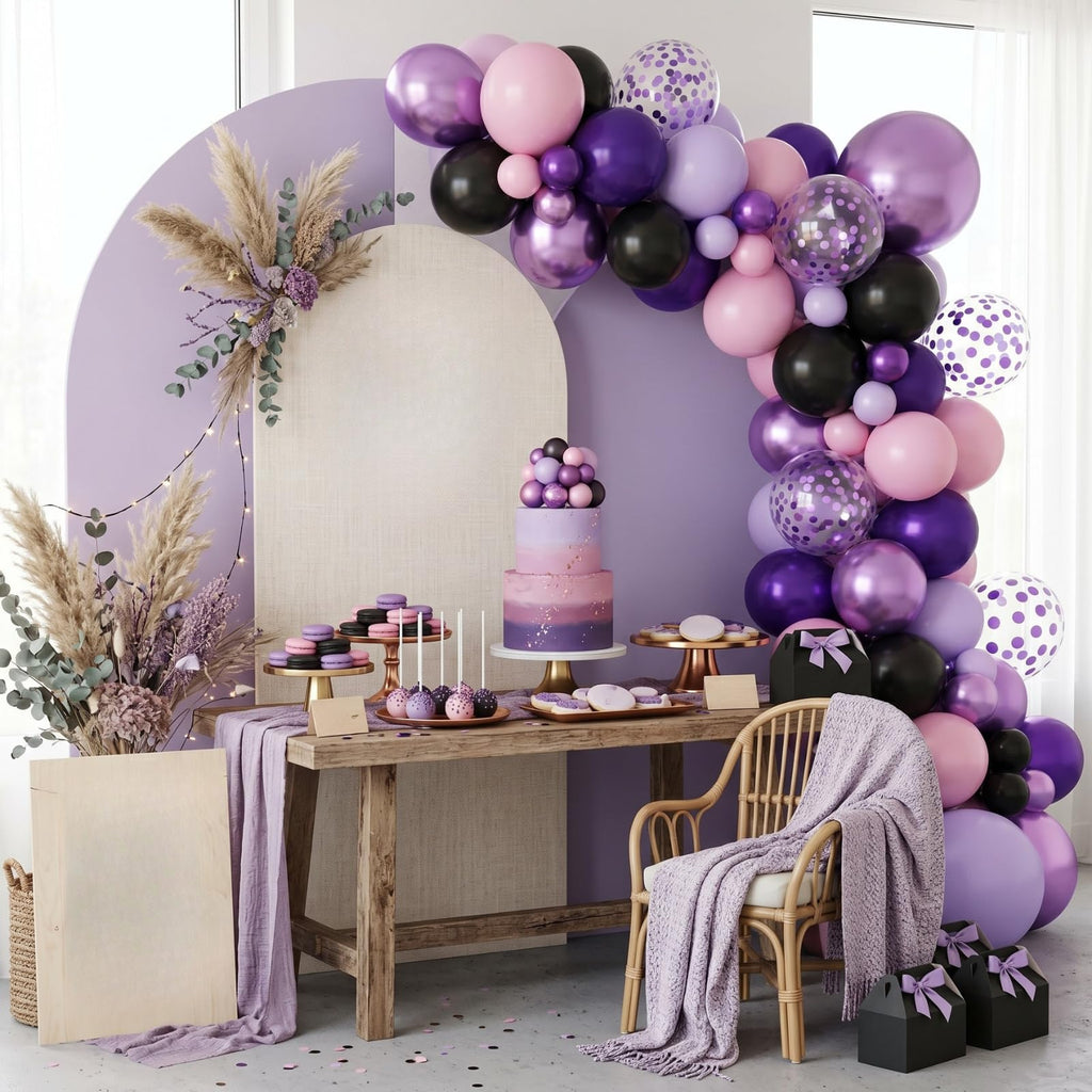 Purple Pink Black Balloons, 12 Inch Pink Black Macaron Dark Metallic Purple Confetti Balloons for Girls Women Wedding Bridal Shower Baby Shower Birthday Party Decorations