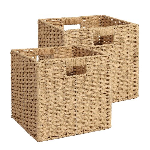 2 Pack 11x11x11 Storage Cubes, 11 inch Cube Storage Bins, Woven Baskets with Handle & No Lid, Square Wicker Baskets for Organizing, Large Collapsible Foldable Basket for Shelf Bedroom Living Room
