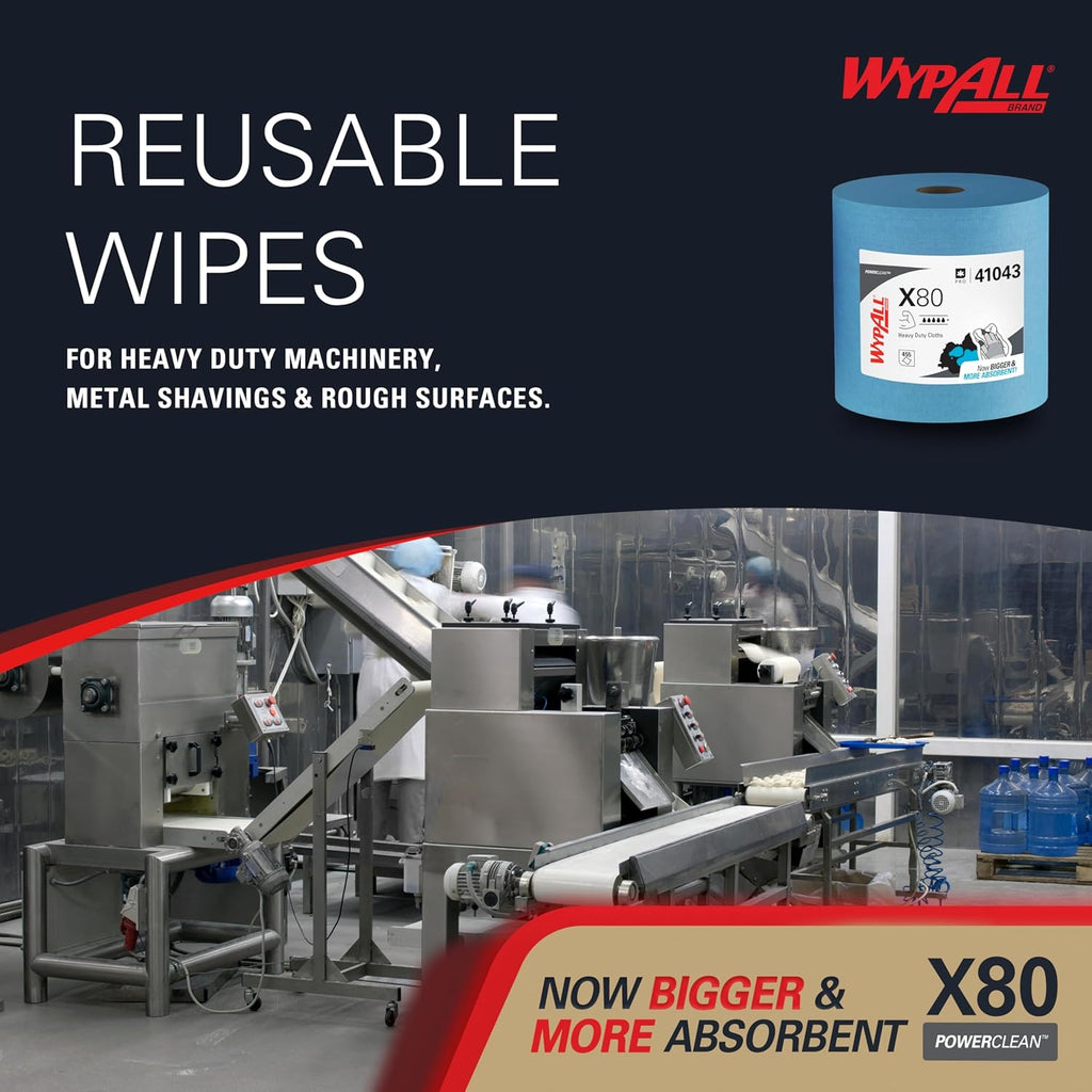 WypAll PowerClean X80 Heavy Duty Cloths - Jumbo Blue Towels for Extended Use | 455 Sheets Total