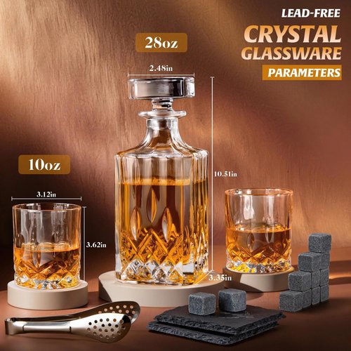 LIGHTEN LIFE Whiskey Decanter Set with Bar Accessories,Crystal Whiskey Decanter and Glass Set in Gift Box,Non-Lead Bourbon Decanter Set for Rum Scotch,Wedding Anniversary Birthday Gift for Men Him Dad