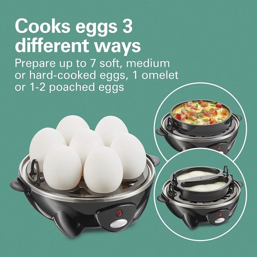 Hamilton Beach 3-in-1 Electric Egg Cooker - Hard Boiled, Poached, Omelet & Steamer, Holds 7, Black