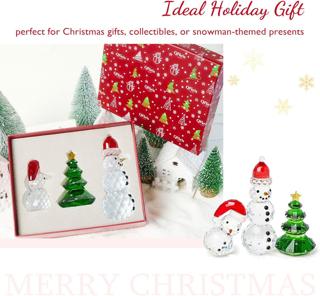 QFkris Crystal Snowman & Tree Figurines Set - Elegant Christmas Decor | Small Glass Paperweights
