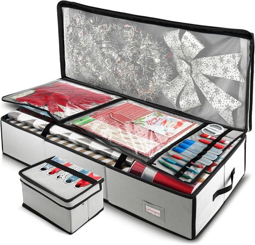 Hearth & Harbor Wrapping Paper Storage Container - Christmas Gift Wrap Organizer with Ribbon Dispenser | Holds 26 Rolls Up to 40" Long, Silver