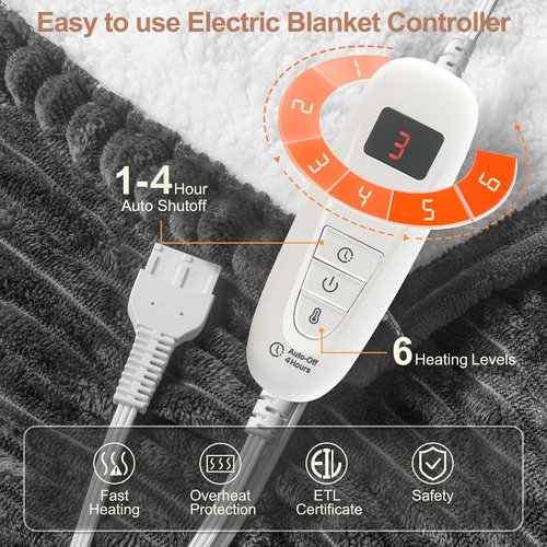 Tefici Heated Blanket Throw Electric Blanket Throw,50"x60" Heating Blanket, 6 Levels Fast Heating, 1-4 Hours Auto Off, Soft Flannel to Sherpa,Machine Washable, ETL&FCC Certified Grey