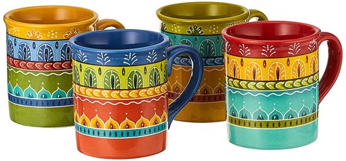 Valencia Mugs Set of 4 – 16 oz Colorful Ceramic Coffee Cups with Bold Multicolor Patterns, Microwave & Dishwasher Safe, Boho Kitchen Drinkware for Tea, Cocoa & More