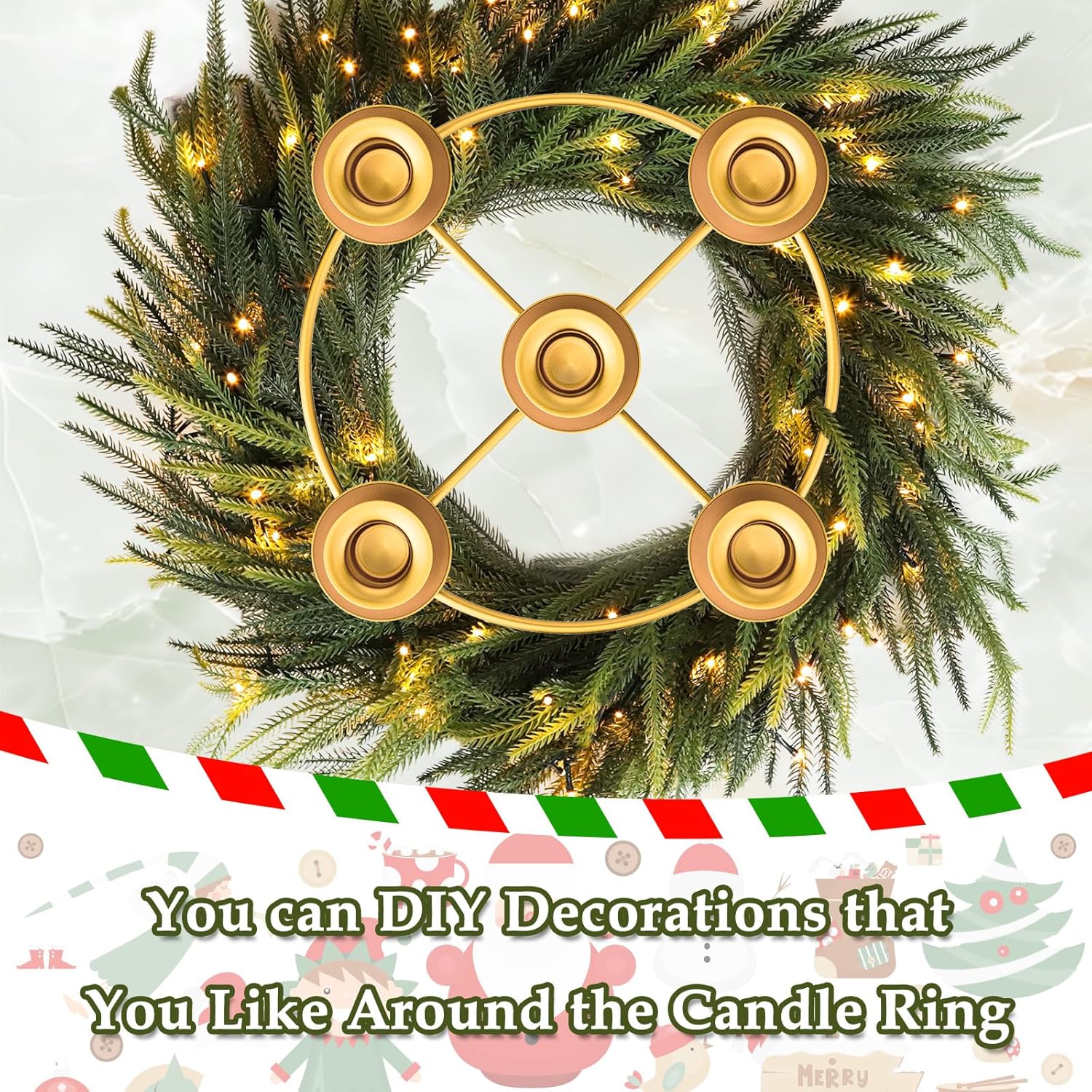 Advent Wreath | 5-Candle Holder with Decorative Rings for Tapered Candles - Gold Finish